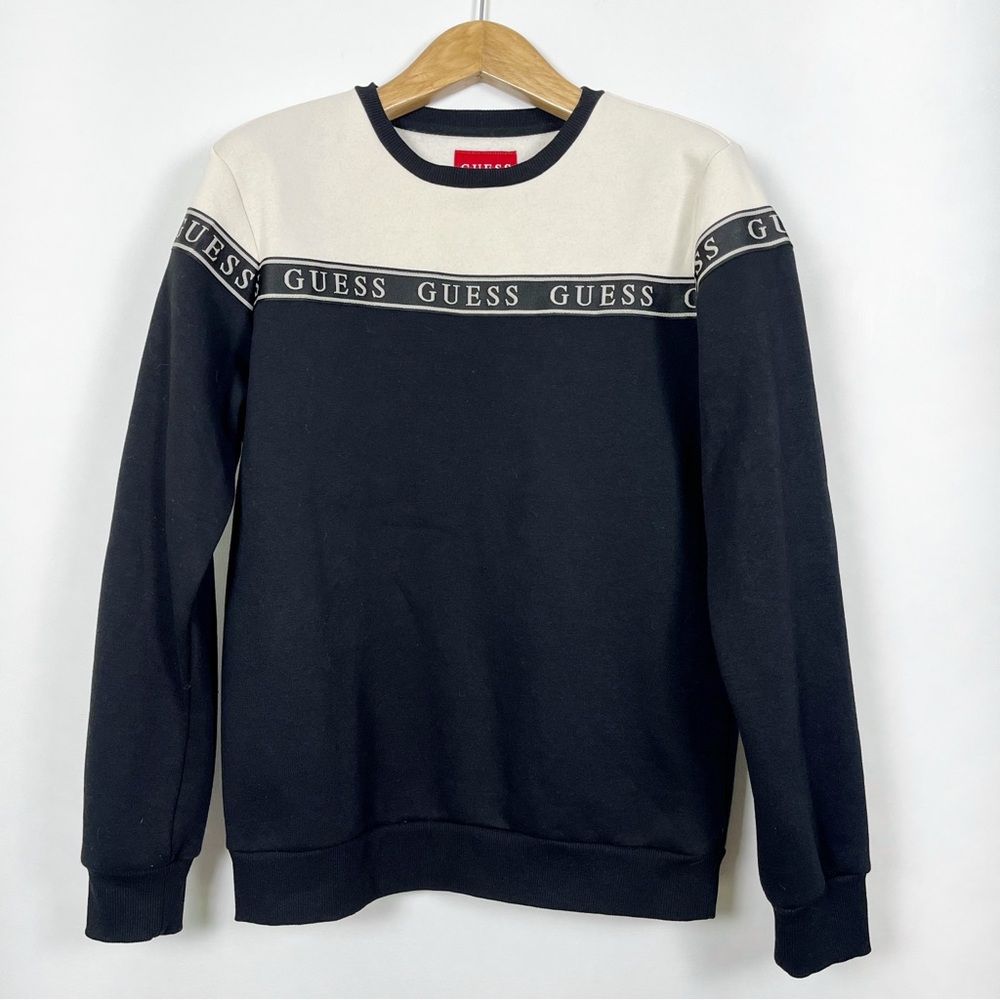 GUESS Men's Black and Cream Crewneck‎ Sweatshirt with Logo Size Medium